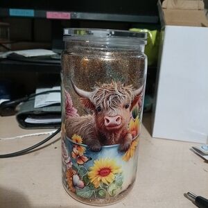 Highland Cow Floral Glitter Jar